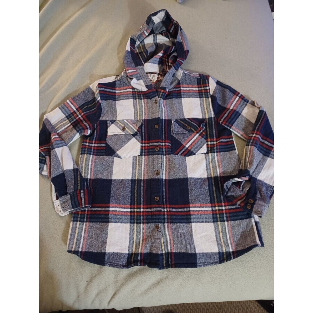 Pink Rose womens Plaid Hooded Flannel Shirt Size Small Button Up White blue red